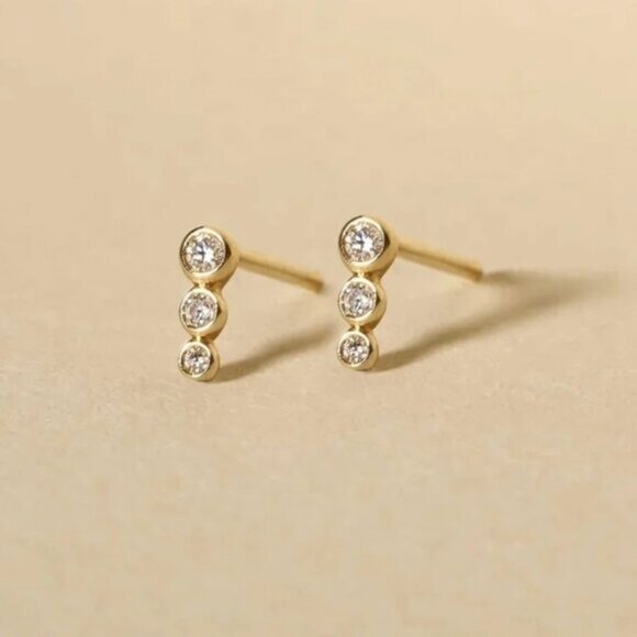 CUTE Climber Stud Earrings Cubic Zirconia Bezel 14K Gold Plated Hypoallergenic - Picture 11 of 13